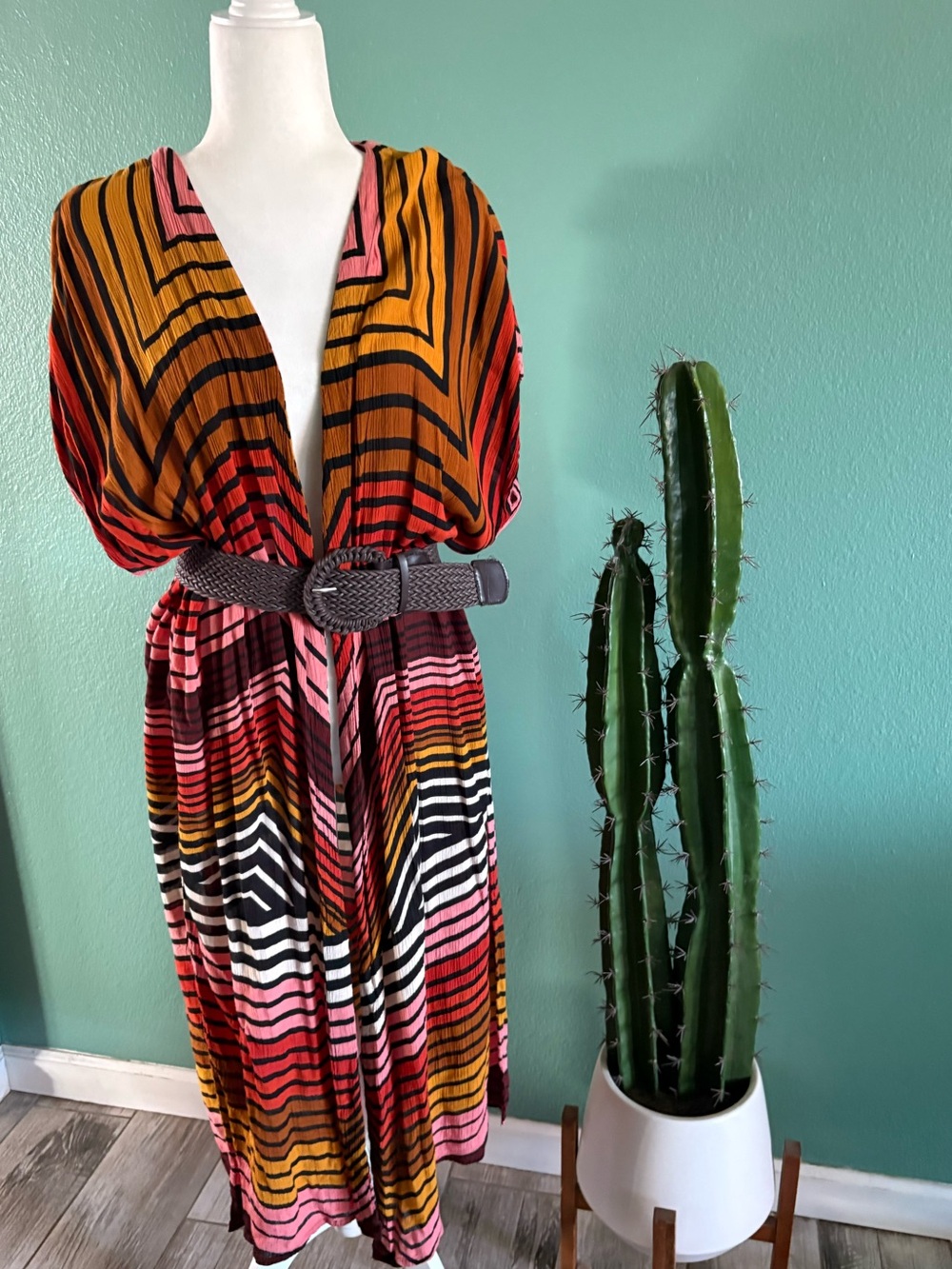 Billabong Orange Pink Red Striped V-Neck Midi Dress